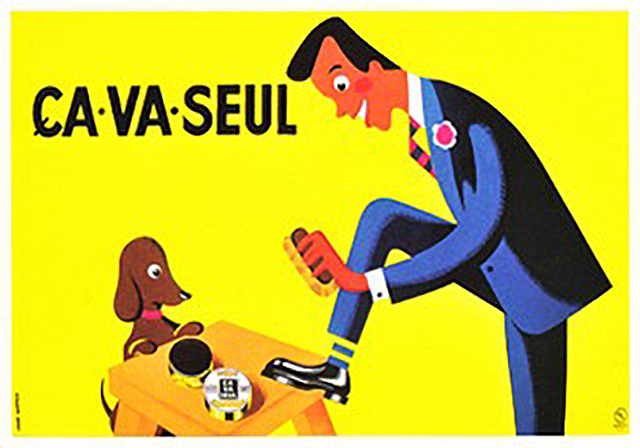 Oude reclames van Ça va seul. Een man die zijn schoenen poetst met Ça va seul.