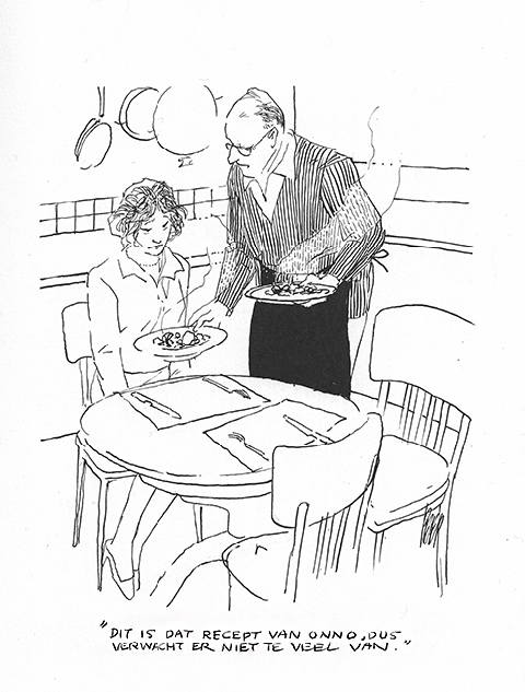 Een cartoon van Peter van Straaten. Man serveert vrouw een bord eten. Man zegt: 'Dit is dat recept van Onno, dus verwacht er niet te veel van.'