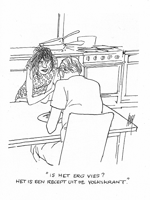 Een cartoon van Peter van Straaten. Een vrouw vraagt aan een man die zit te eten 'Is het erg vies? Het is een recept uit de Volkskrant'.