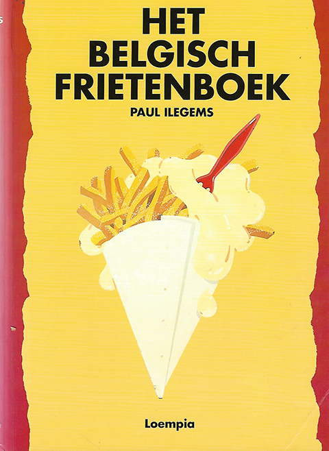De omslag van het boek met darop een tekening van een zak friet met mayonaise en een prikkertje erin.