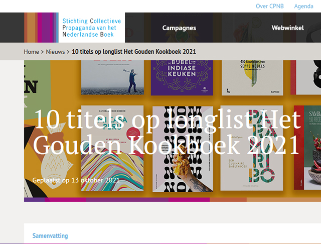 De webpagina van het CPNB met daarop de longlist voor het Gouden Kookboek.
