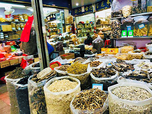 Een winkel met zakken en dozen kruiden in Guangdong.
