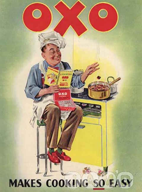 Een tekening waarop een man op zijn gemak aan hetkoken is, want hij gebruikt Oxo. 'Oxo makes cooking so easy'.