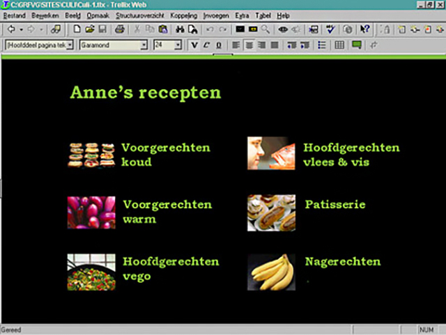 De homepage van Anne's recepten. Knoppen voor voorgerechten (koud en warm), hoofdgerechten (vegetarisch, en vlees - vis), patisserie en nagerechten.